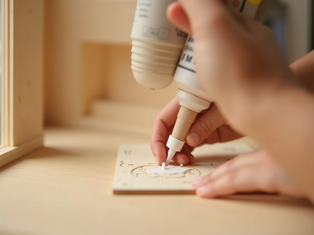 Hands applying PVA glue to a laser-cut wooden wall panel for a book nook build