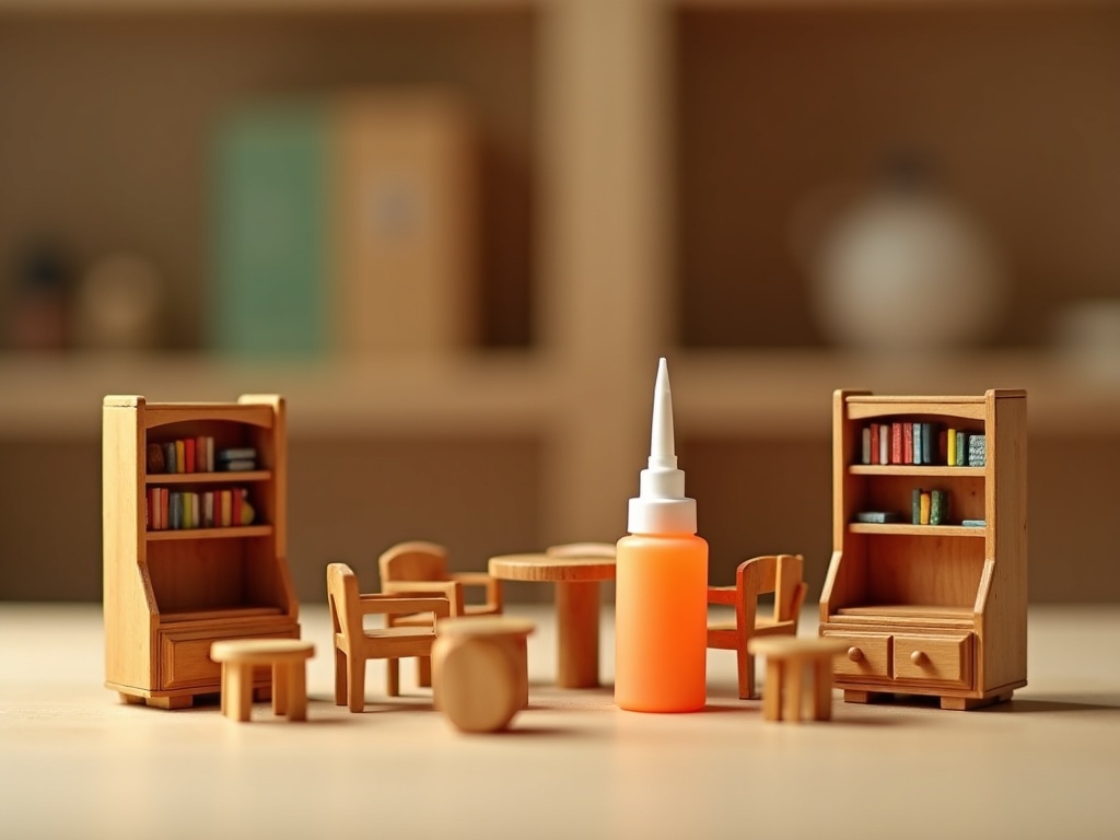 Precision-tip tacky glue bottle next to miniature book nook furniture pieces ready for assembly