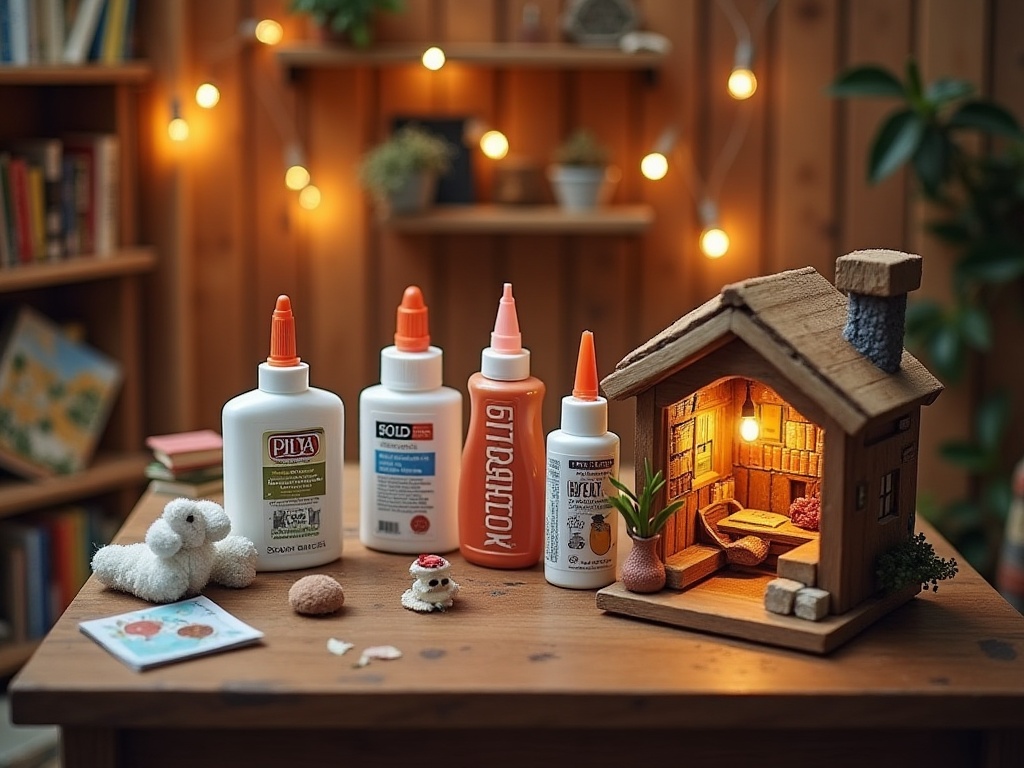 Three book nook glues side by side: PVA, tacky glue, and gel CA super glue on a craft worktable
