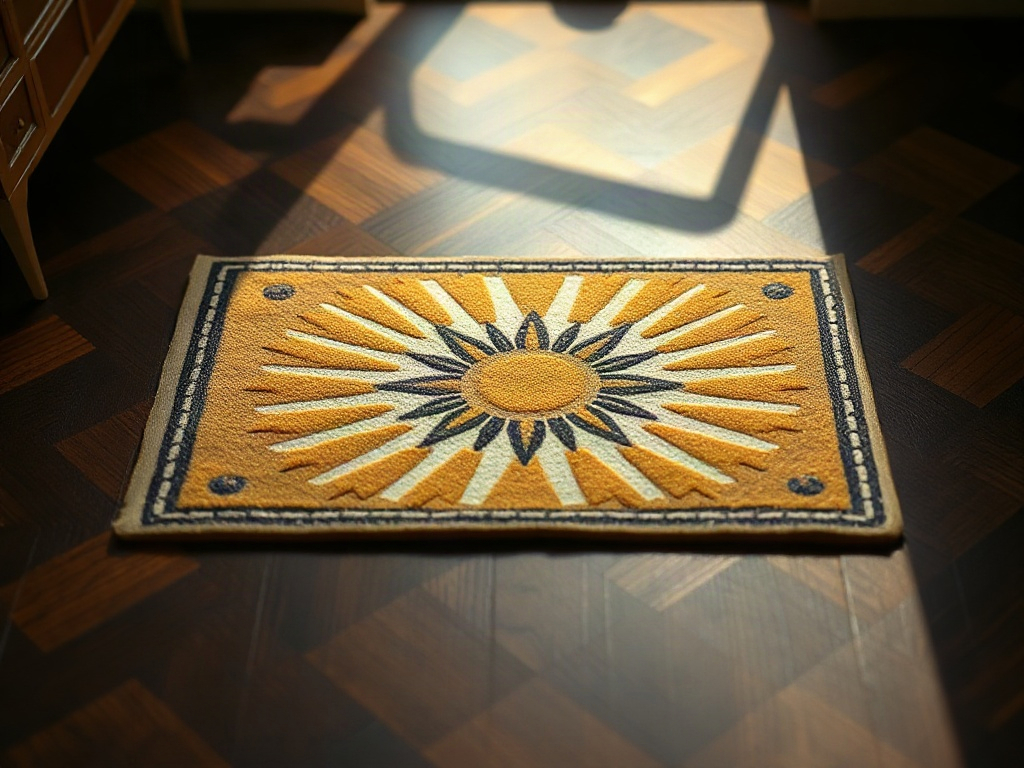 Close-up of Art Deco miniature room showing geometric parquet flooring and sunburst rug in gold, cream, and black tones