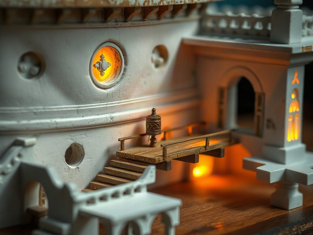 Detailed miniature Air Temple section with carved windows and weathered white plaster walls