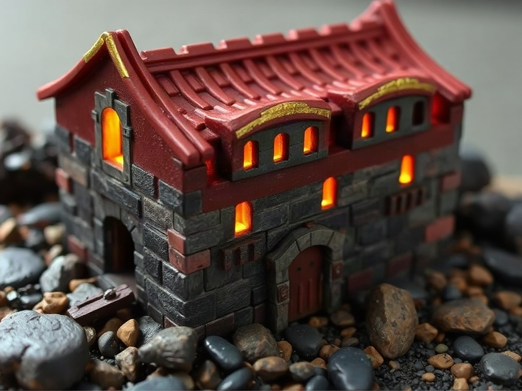 Fire Nation fortress miniature with burgundy walls, gold accents, and warm interior lighting