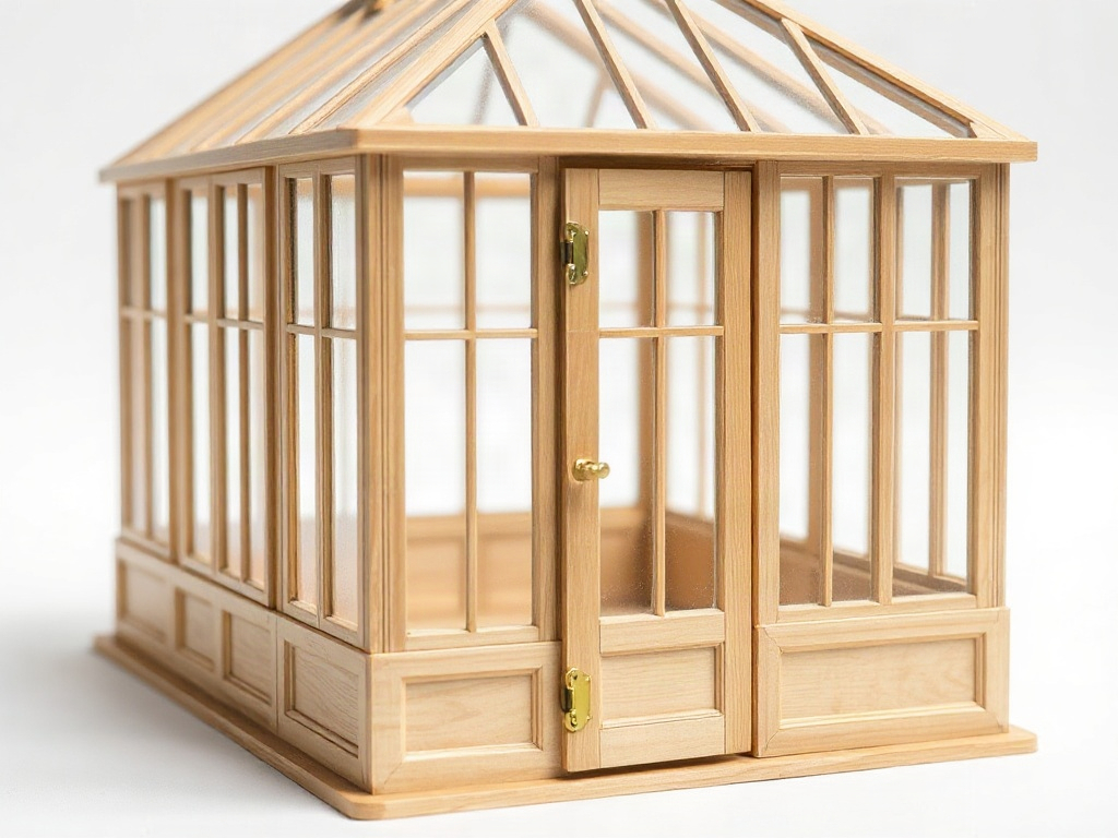 Victorian Glass Conservatory miniature greenhouse kit assembled and photographed from a three-quarter angle showing glass panes and brass hinges