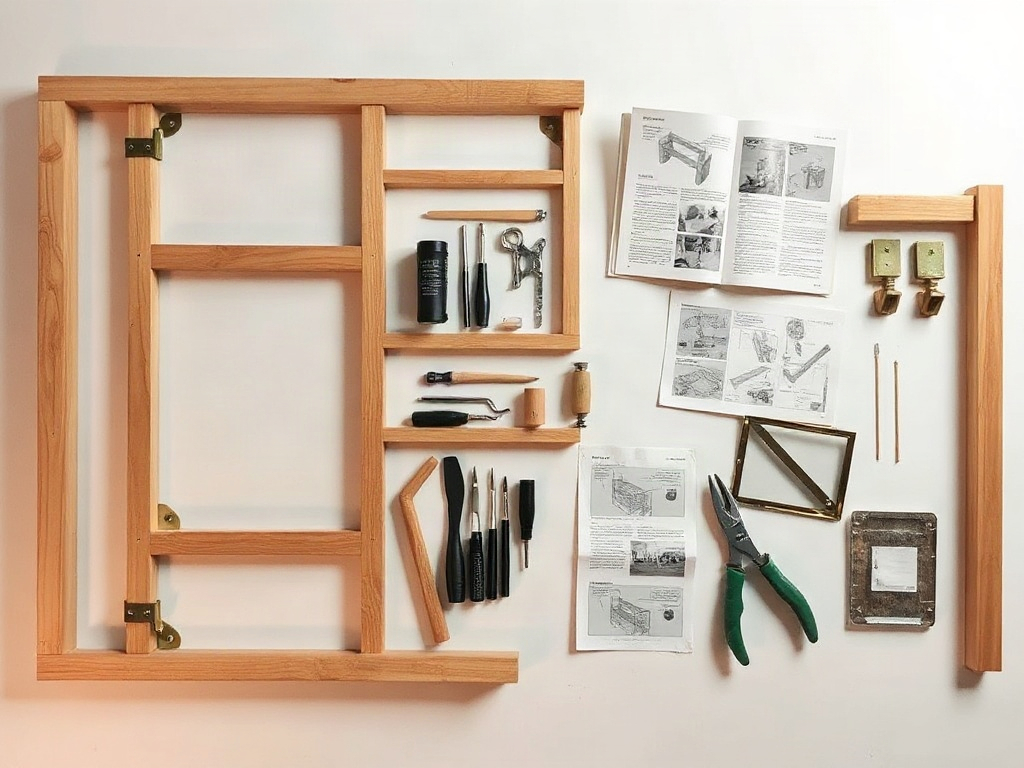 Rustic Potting Shed Greenhouse kit components laid out showing wooden frame pieces, glass panes, brass hardware, and assembly instructions