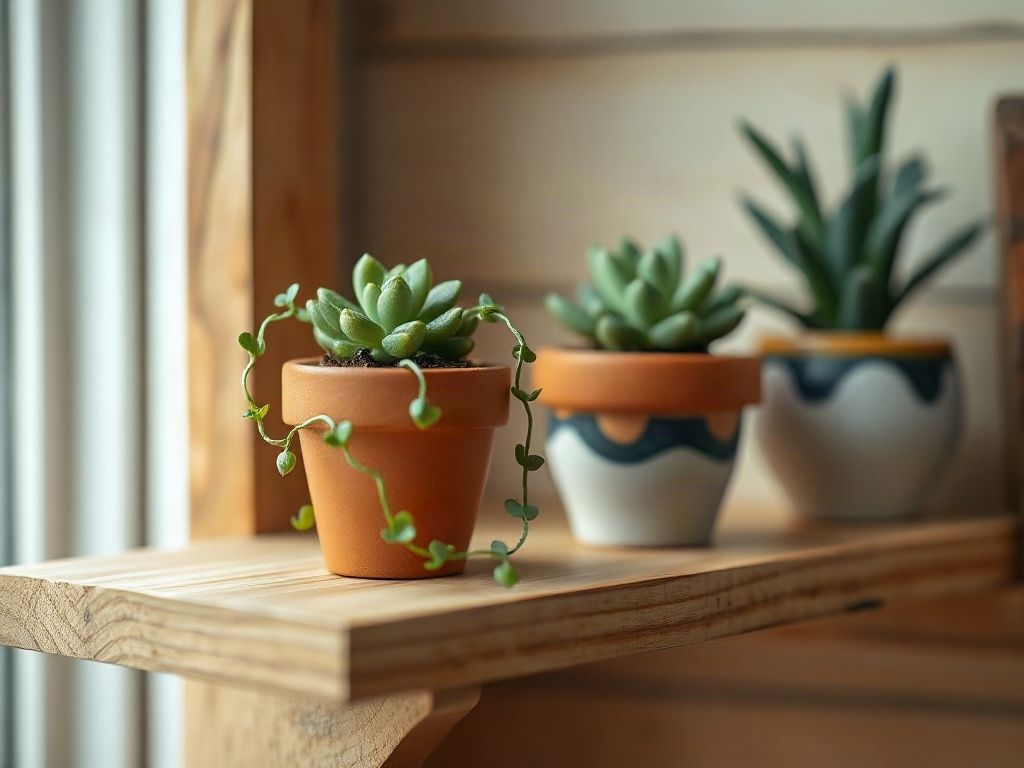 Miniature boho shelf with potted plants and succulents at varying heights in natural light
