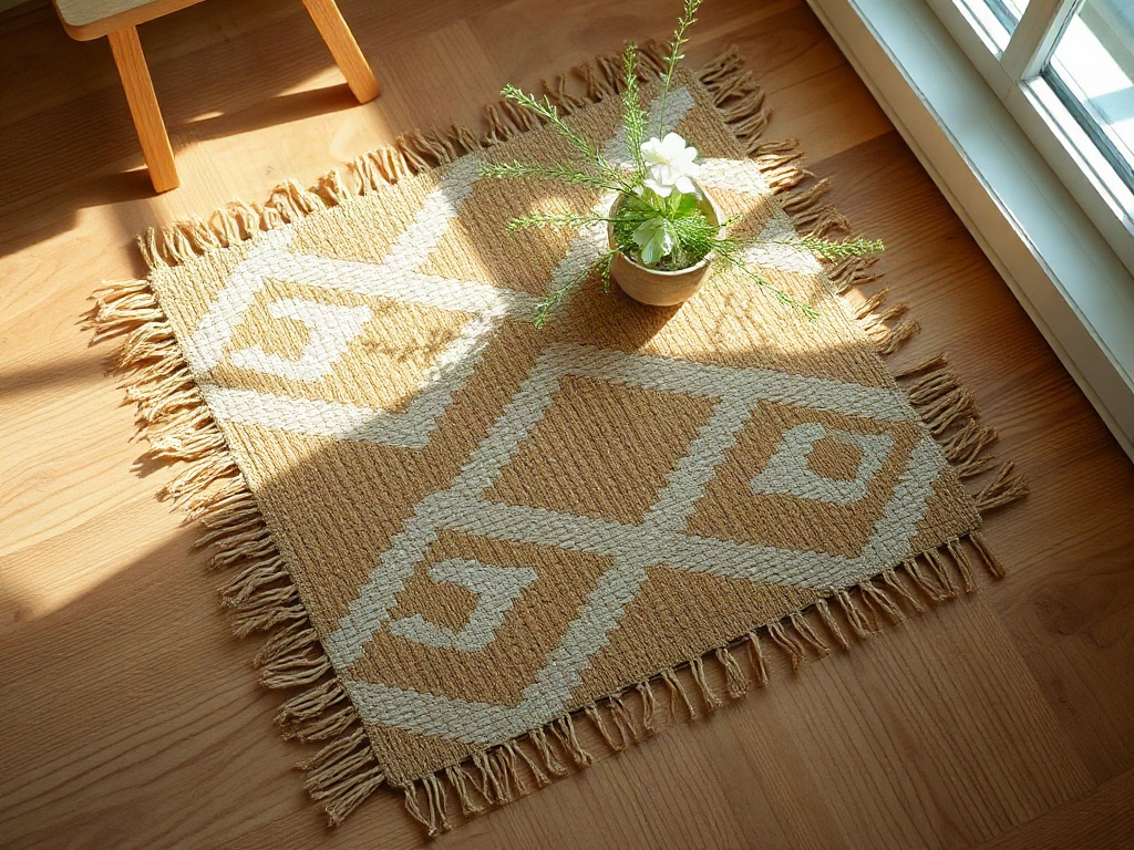 Miniature boho woven rug with geometric patterns on wooden floor, shot from above