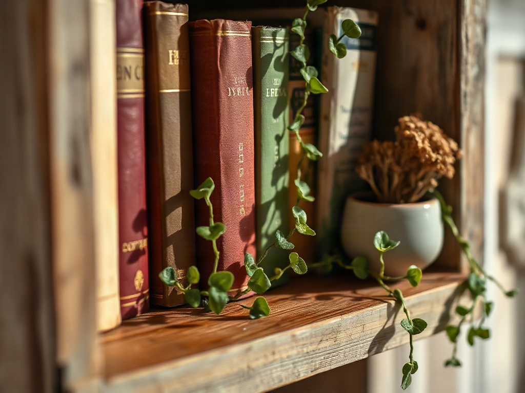 Detailed view of a cottagecore book nook shelf with aged wood, colorful book spines, and climbing ivy