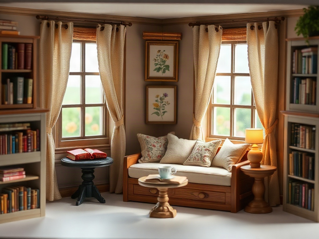 A cozy miniature window seat book nook with cushioned bench, linen curtains, and surrounding bookshelves