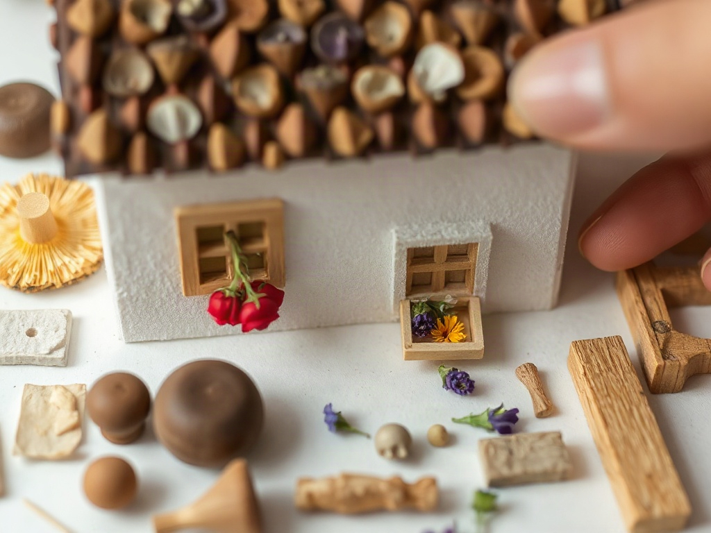 Cottagecore miniature house kit components including wooden walls, mushroom roof pieces, and dried flower decorations during assembly