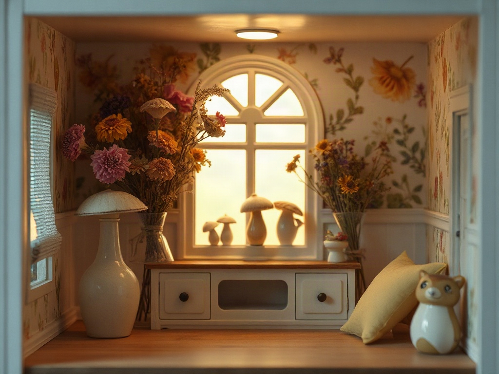 Interior of a completed cottagecore miniature house with dried flowers, botanical styling, and warm lighting creating cozy cottage atmosphere