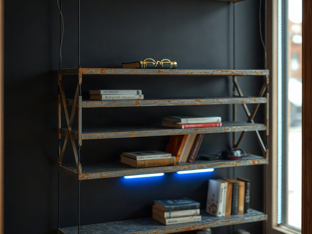 Close-up of layered cyberpunk nook platforms with weathered metal finish and blue LED accent lighting