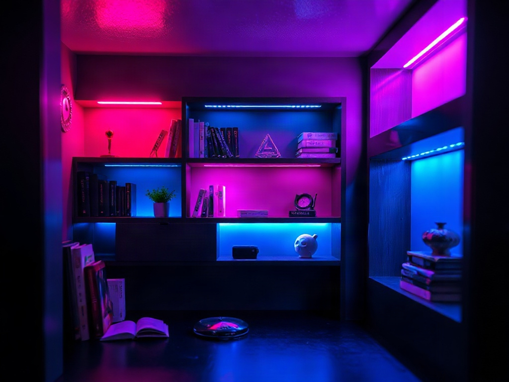 RGB LED strips in a cyberpunk nook showing pink, blue, and white color options simultaneously