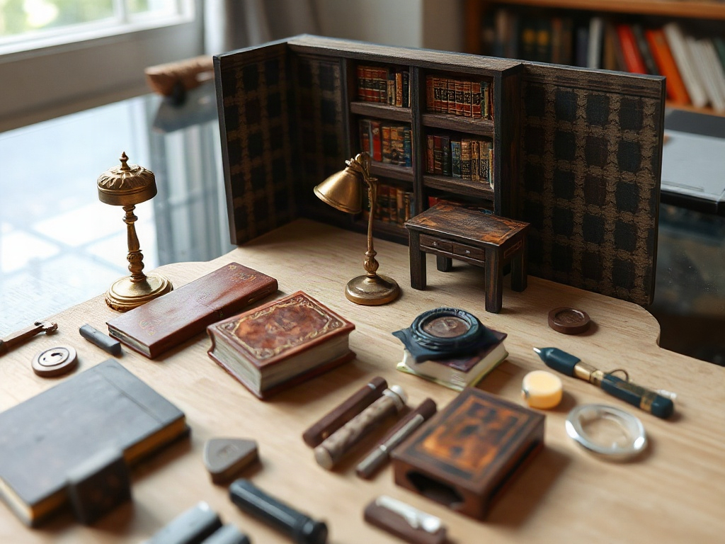 Dark academia kit components displayed before assembly, including walls, books, furniture, and lighting pieces