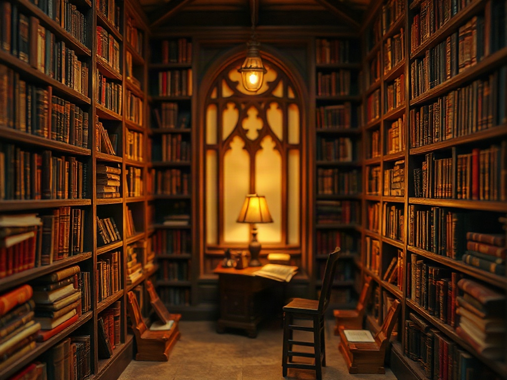 Finished dark academia miniature library displaying assembled components with warm interior lighting