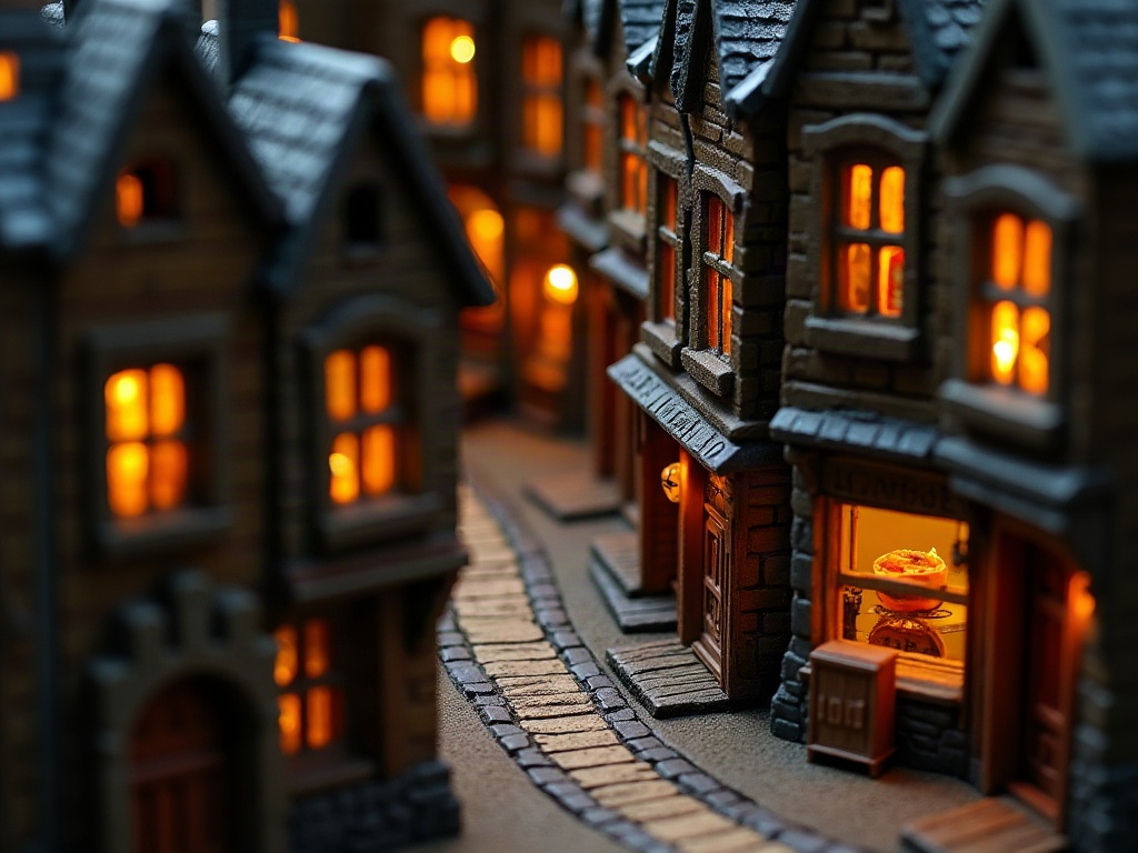 Overhead view of a layered Diagon Alley miniature scene with glowing windows and cobblestone details