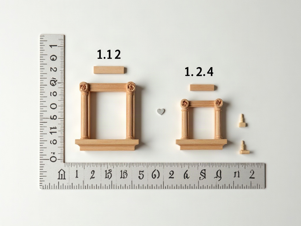 Scale comparison of 1:12 and 1:24 miniature building components for a Diagon Alley book nook