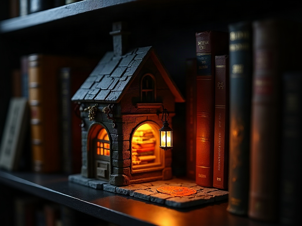 Finished Diagon Alley fantasy book nook displayed between books on a shelf with warm glowing interior light