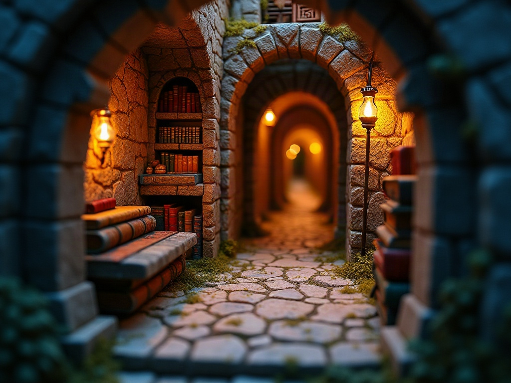 Forced perspective technique inside a Disney inspired fairy-tale book nook with receding castle corridor