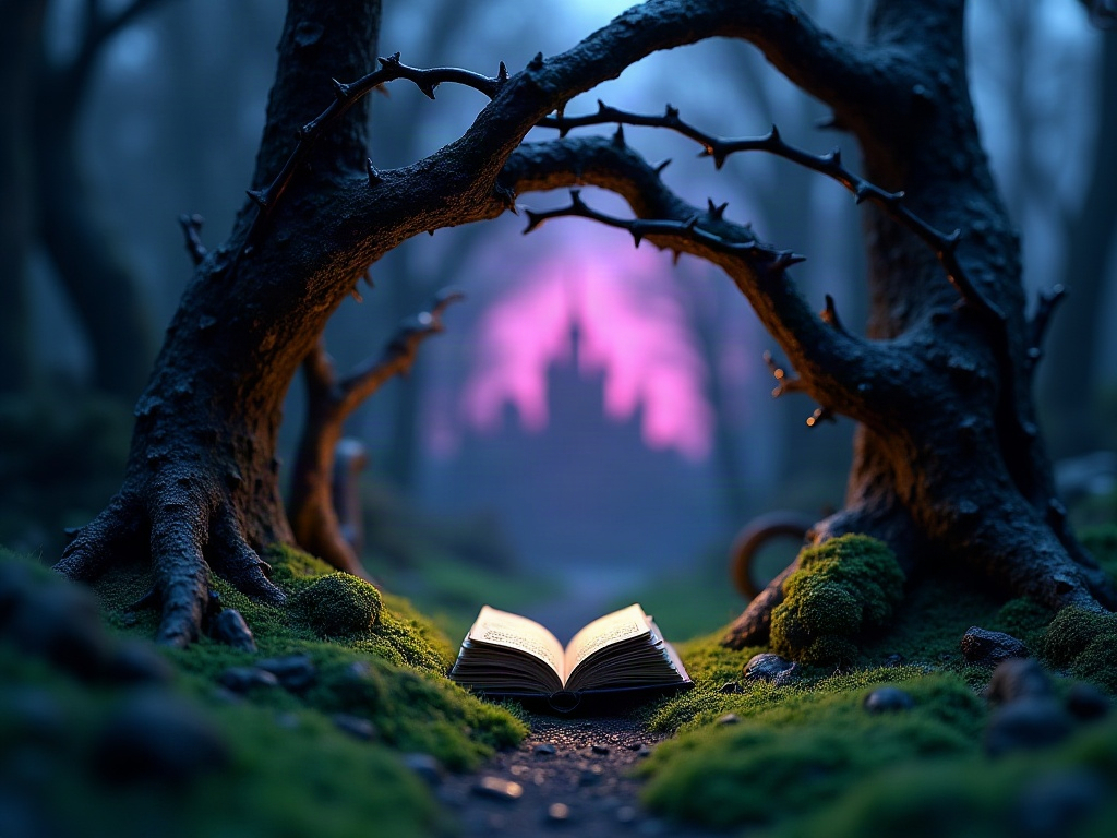 Sleeping Beauty enchanted thorn forest book nook with glowing castle in the background