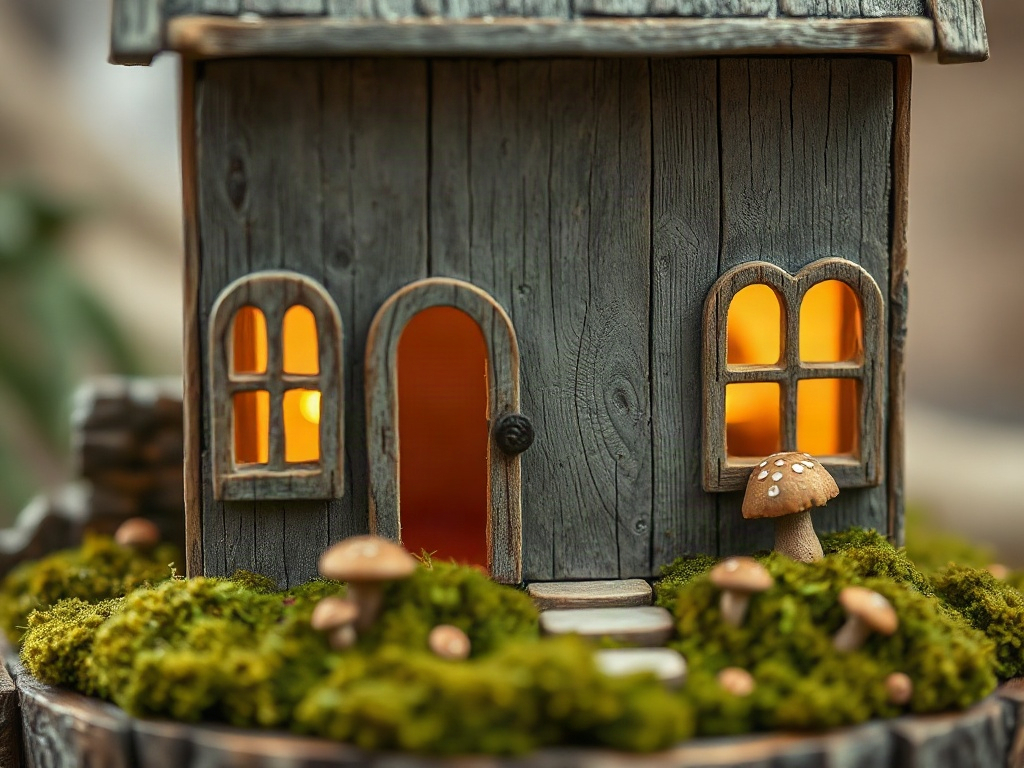 Fairycore miniature house kit showing detailed weathered wood construction with glowing interior lighting and botanical accessories