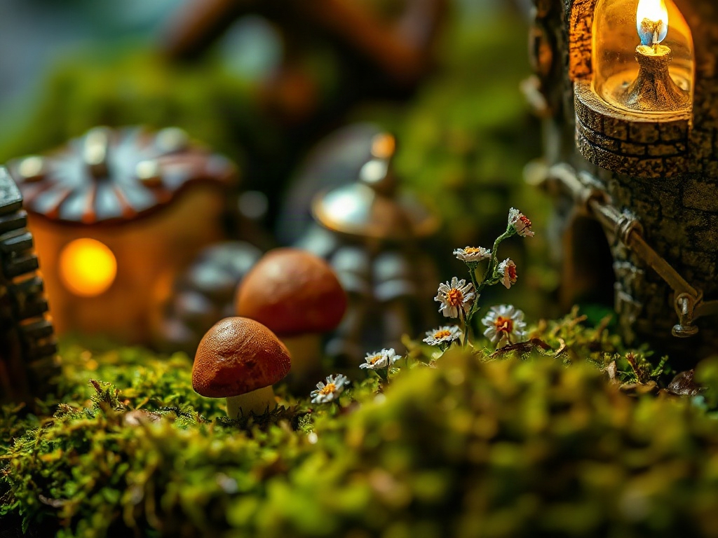 Close-up of fairycore details showing weathered textures, warm lighting, and tiny handcrafted garden accessories