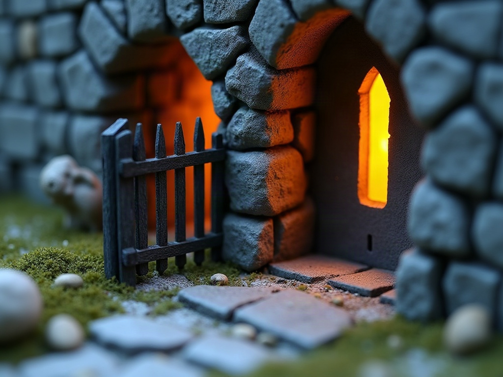 Close-up of a miniature castle book nook with realistic stone texture and amber LED backlight through iron gate