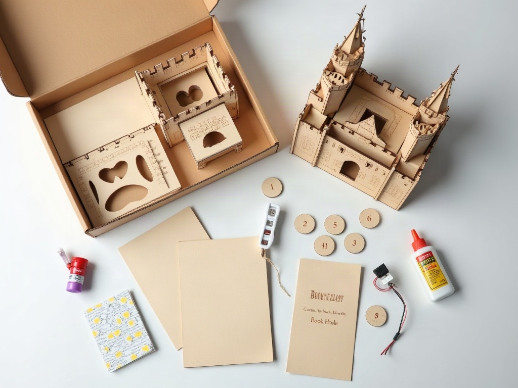 Unboxed medieval castle book nook kit with laser-cut MDF panels, LED strip, and instruction booklet laid out on craft table
