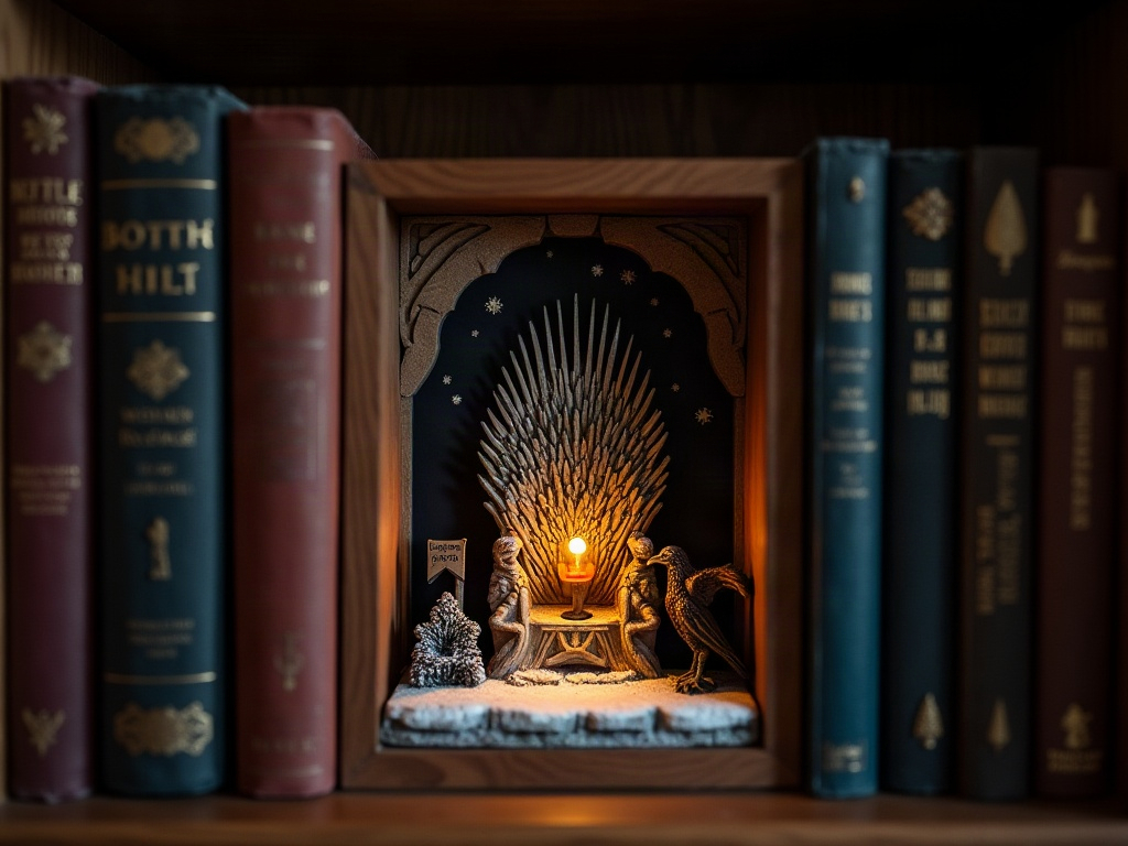 Completed Winterfell-inspired castle book nook glowing between fantasy books on a dark wood bookshelf with snow effect and direwolf banner