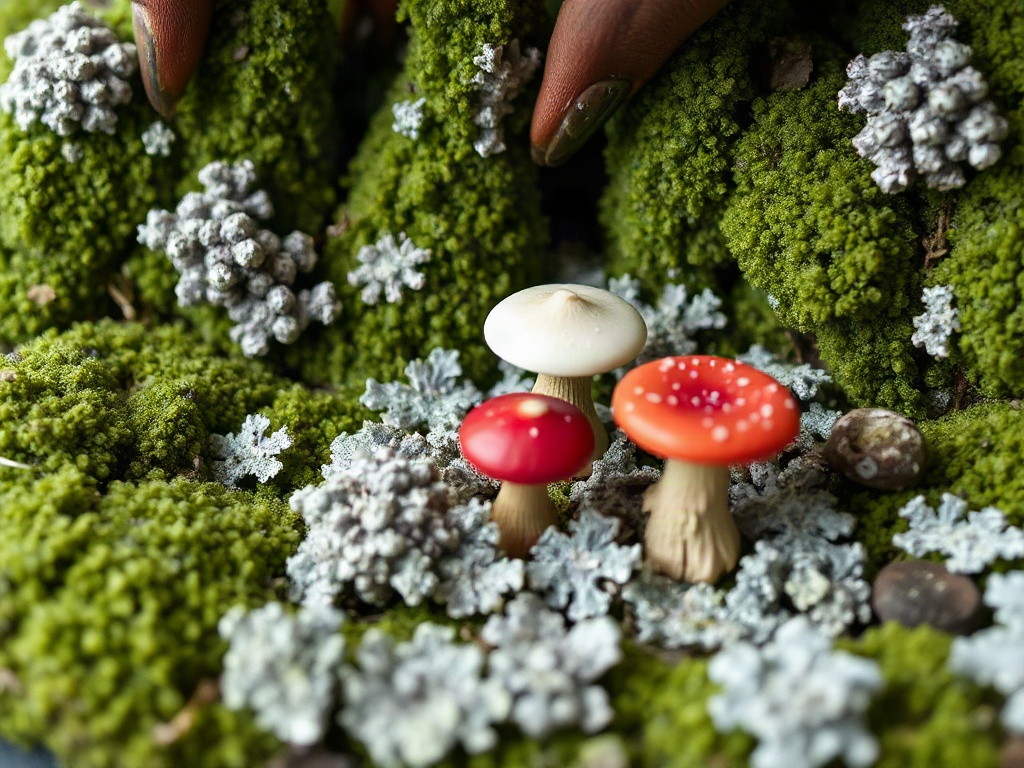 Close-up detail of moss layers and mushroom placement in a goblincore miniature scene