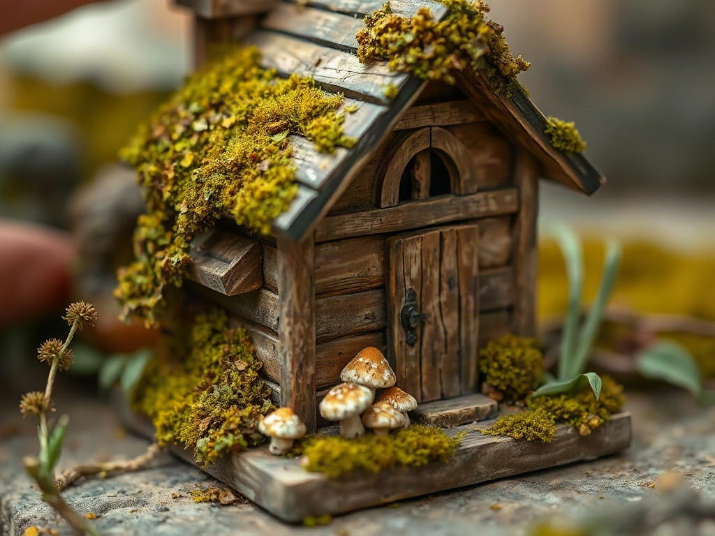 Weathered wooden miniature cottage structure overgrown with moss in a goblincore scene