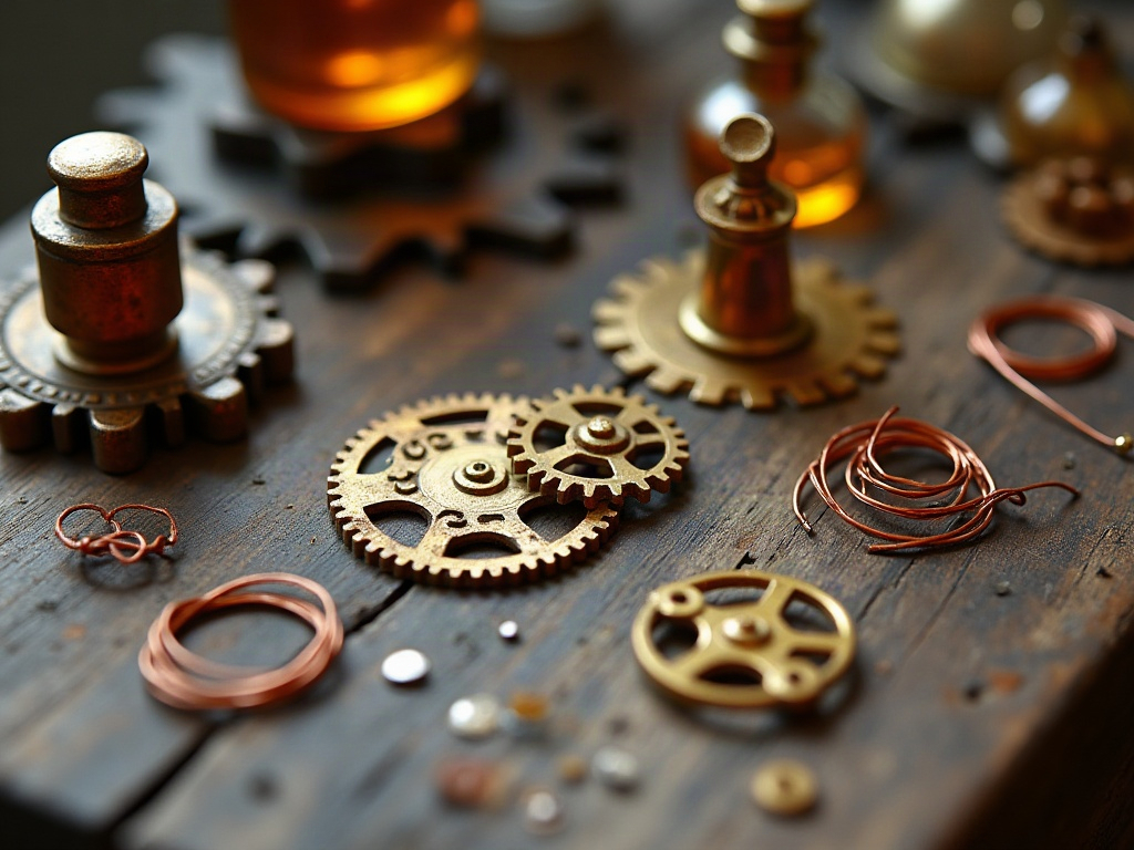 Miniature crafting materials for a Howl's Moving Castle inspired steampunk build including brass gears and tiny potion bottles