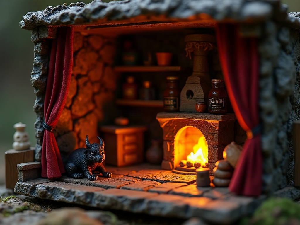 1:12 scale Howl's Moving Castle room box miniature with glowing fireplace and wizard cottage interior details