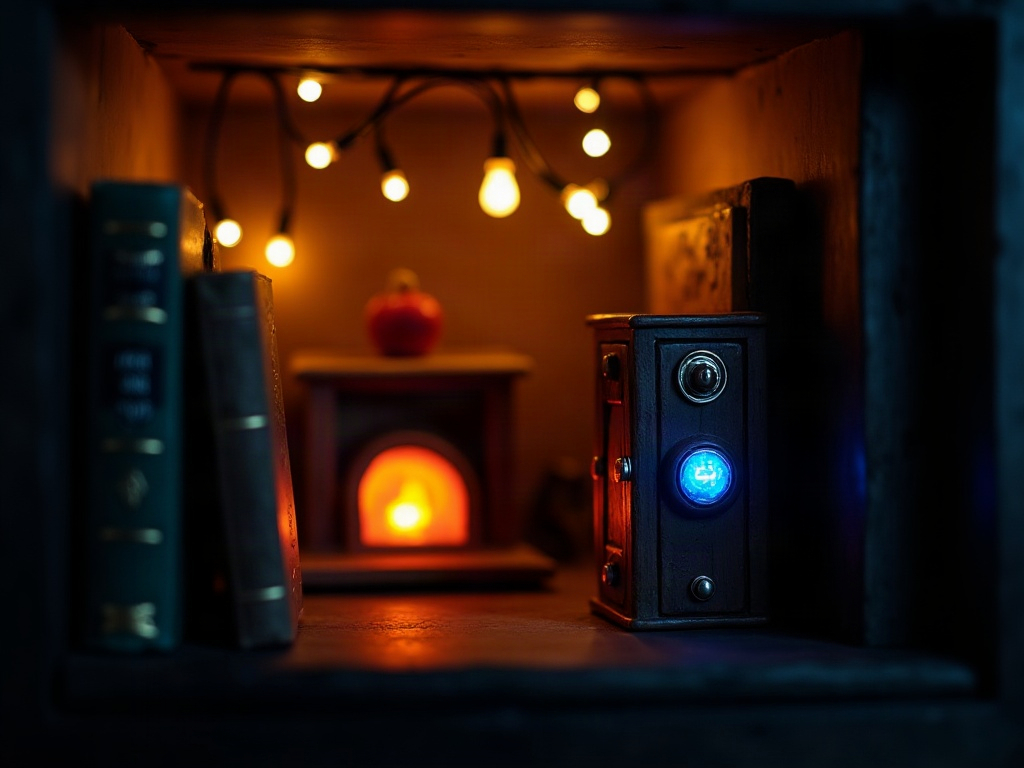 Fantasy book nook miniature with three-layer amber and blue lighting inspired by Howl's Moving Castle