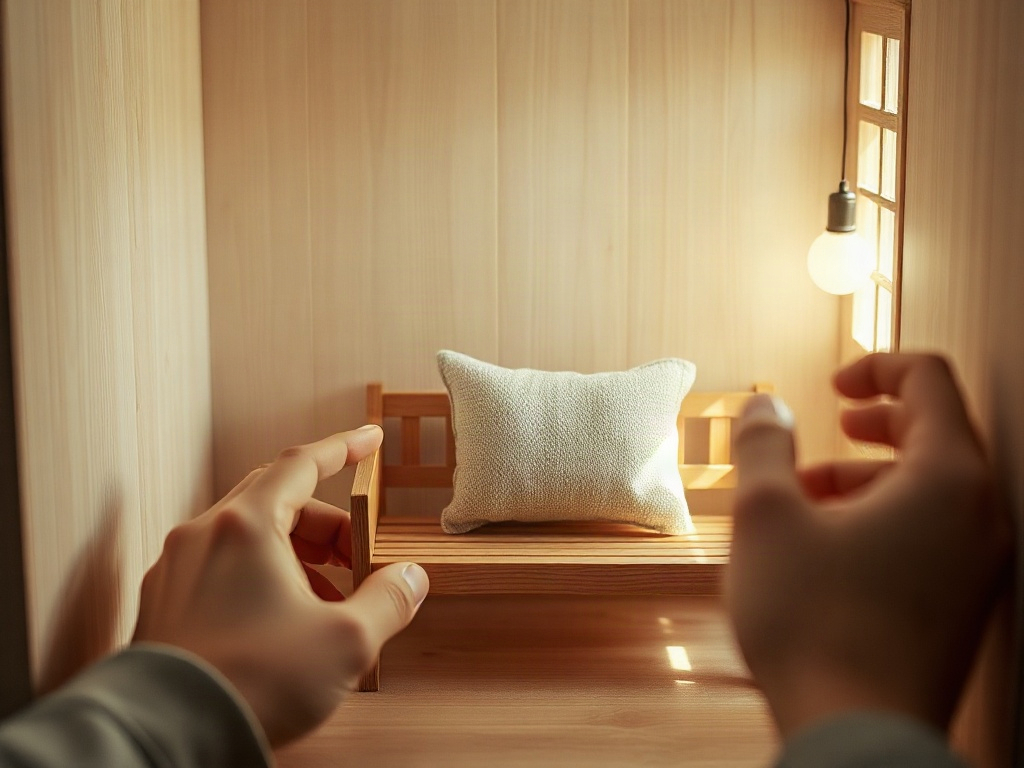 Hands arranging minimalist furniture in a Japandi miniature house interior