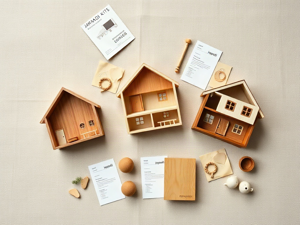 Three Japandi miniature house kits showing materials and assembly components