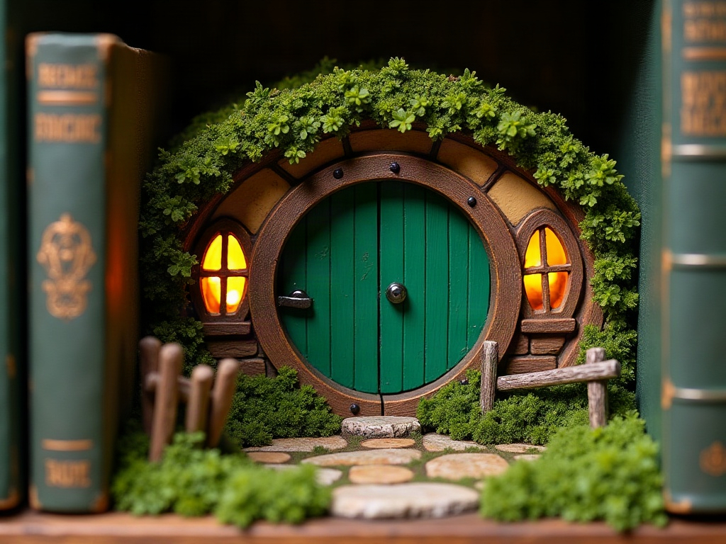 Lord of the Rings inspired book nook with Shire hobbit-hole round green door and warm LED lighting between books on a shelf