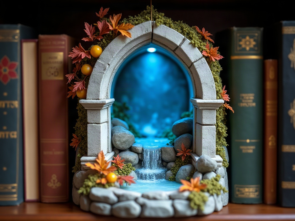 Rivendell inspired book nook miniature with white elven arches, silver lighting and tiny waterfall detail between books on a shelf