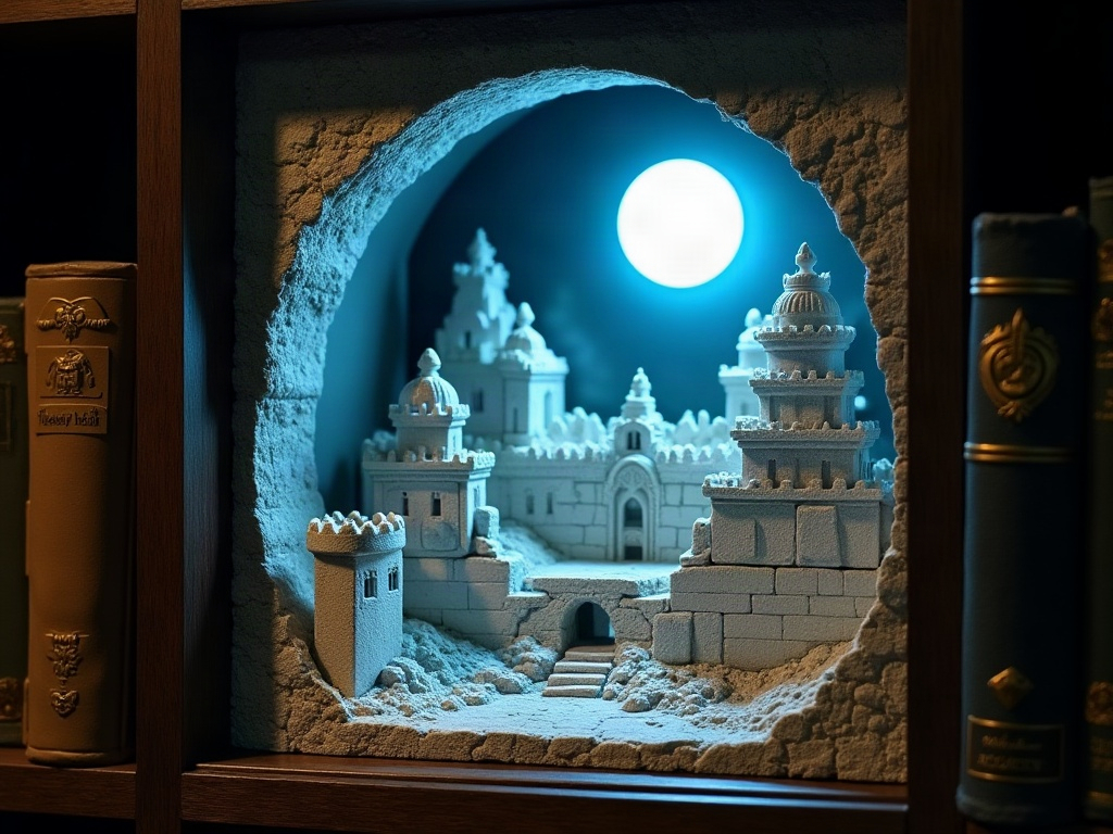 Minas Tirith inspired book nook miniature with white stone tiered architecture, battlements and White Tree of Gondor detail