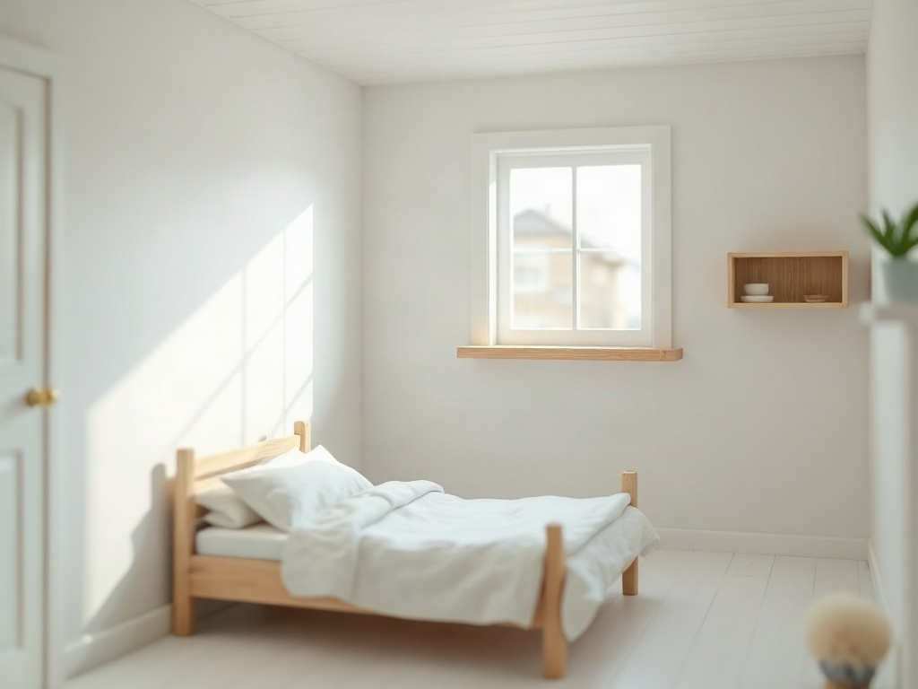 Minimalist bedroom interior in a miniature Scandinavian house showing simple wooden bed and shelf