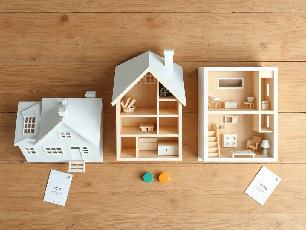 Three different minimalist miniature house kits displayed together showing cottage, cabin, and loft styles