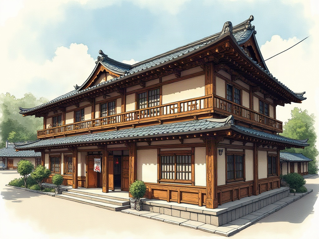Japanese ryokan facade architectural detail showing post-and-beam framing, narrow verandas, and upturned eave corners for Spirited Away bathhouse miniature reference