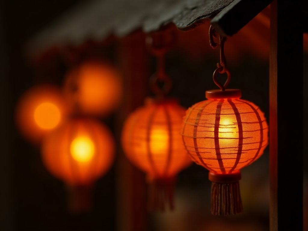 Handmade miniature washi paper lanterns glowing warm amber under a small wooden eave at 1:24 scale for a Spirited Away bathhouse miniature build