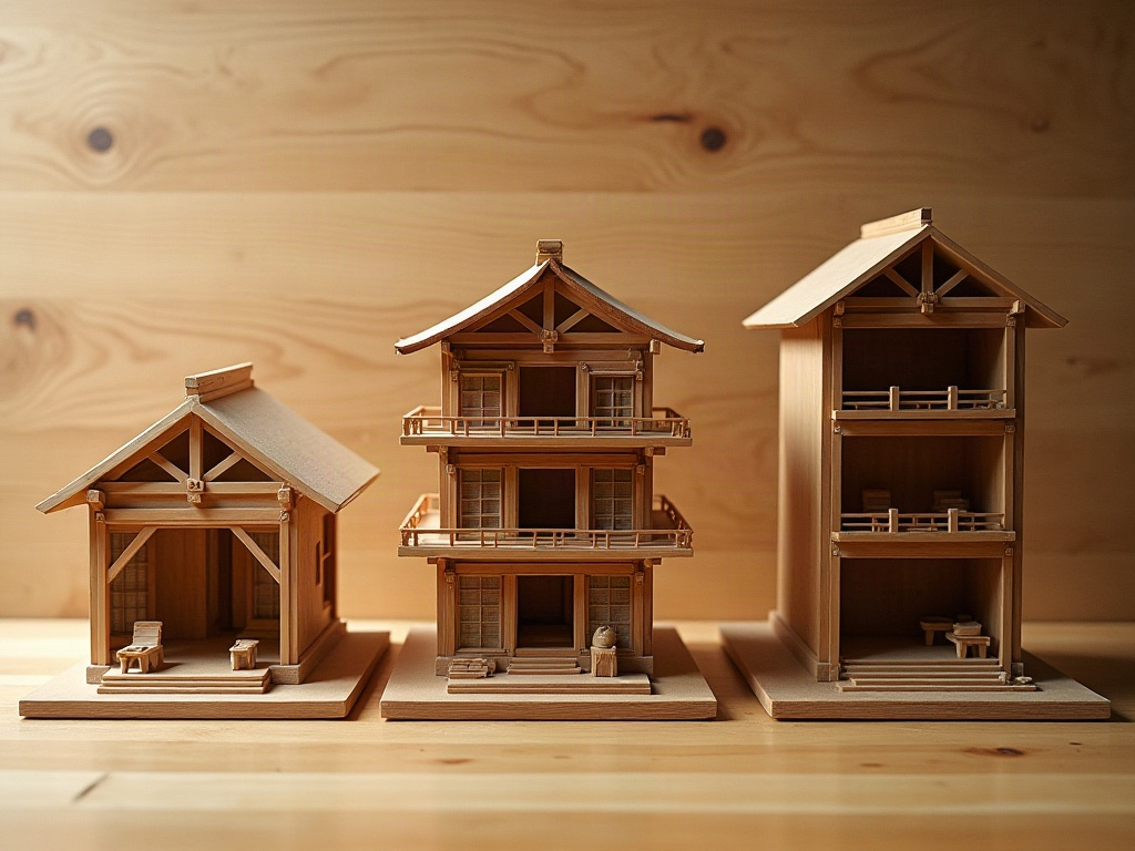 Three scales of Spirited Away bathhouse miniature builds side by side: entrance vignette, two-floor balcony section, and full four-floor diorama with reflection base