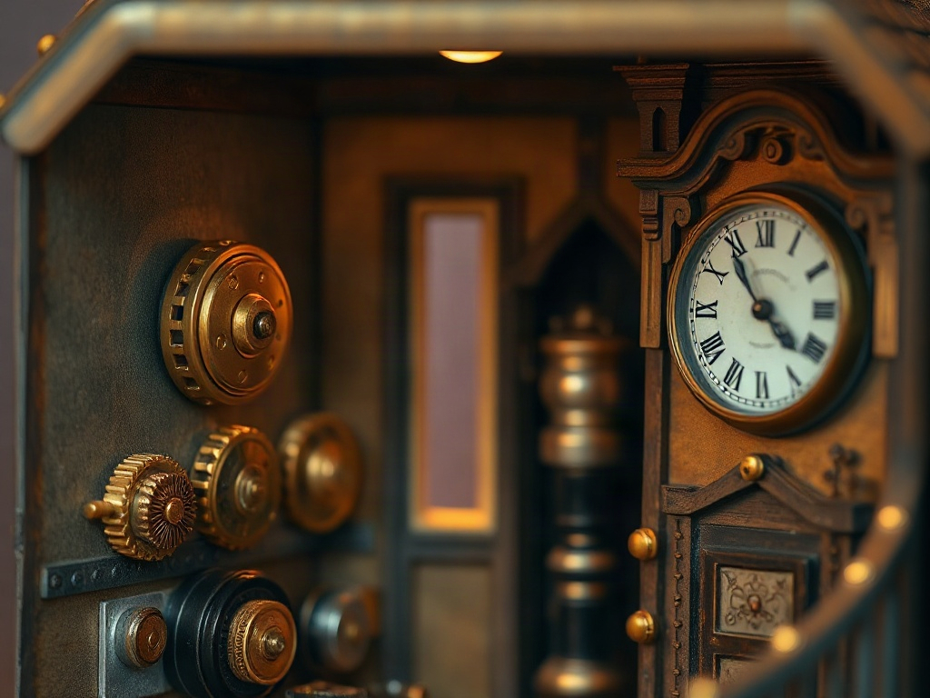 Detailed interior of a steampunk miniature house showing brass gears, Victorian trim, and glowing LED lighting