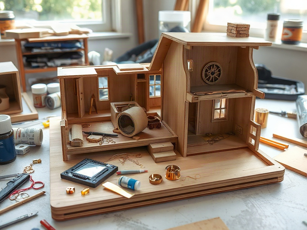 Mid-construction view of a steampunk miniature house kit with visible assembly materials and LED wiring