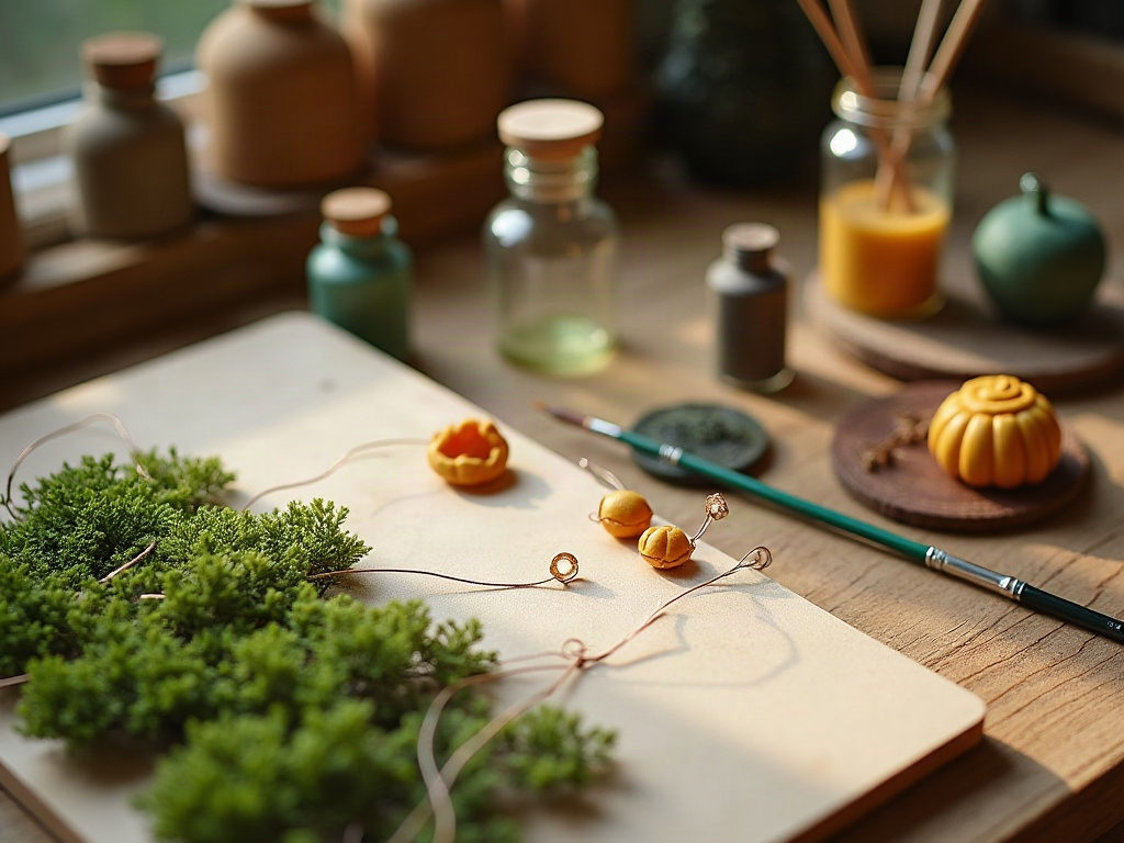 Miniature book nook crafting materials including basswood sheets, preserved moss, and warm LED beads for a Ghibli-inspired diorama