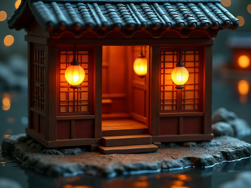 Miniature Spirited Away bathhouse book nook with glowing paper lanterns and red carved wooden panels