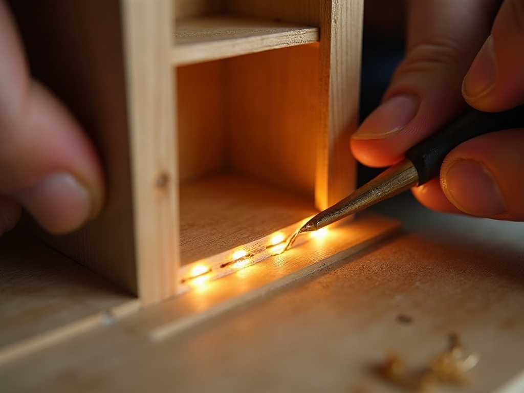 Hiding LED copper wire inside basswood wall channels during book nook construction for invisible lighting