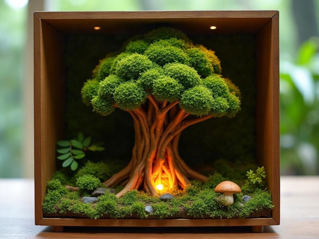 ScĂšne miniature de forĂȘt inspirĂ©e de Totoro dans une boĂźte en bois avec Ă©corce de liĂšge et Ă©clairage LED