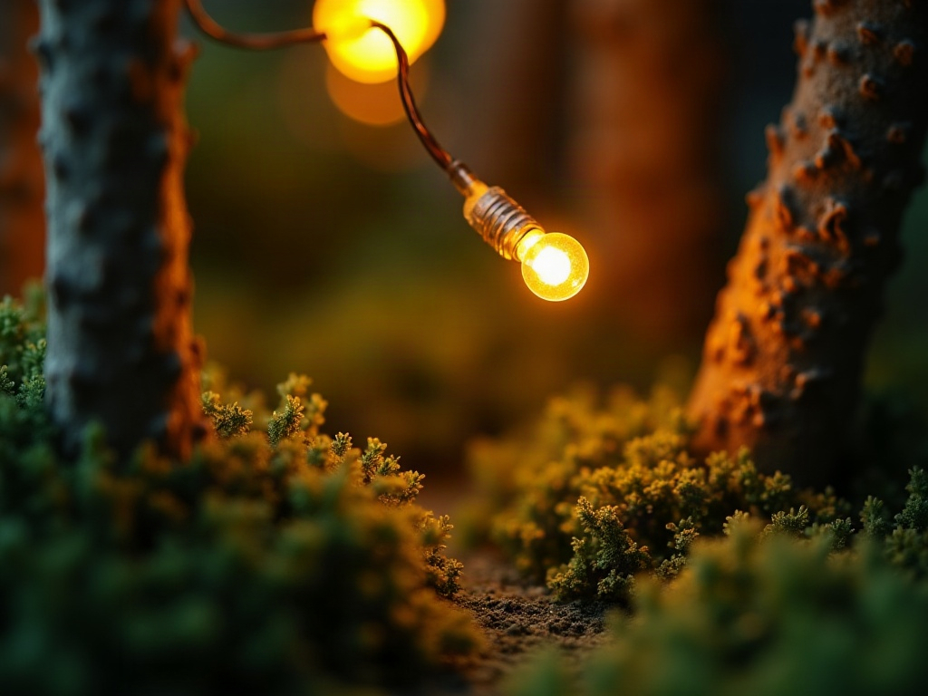 Guirlandes LED ambrées chaudes tissées à travers des branches d'arbres miniatures dans un diorama forestier